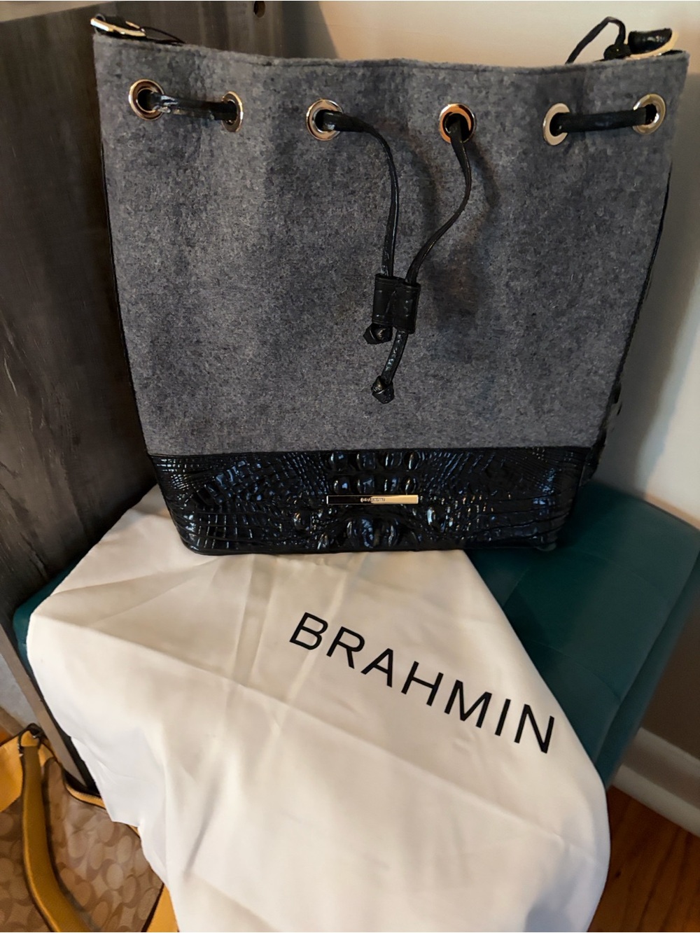 Brahmin Gray Felt and Black Croc-Embossed Drawstring Bucket Bag